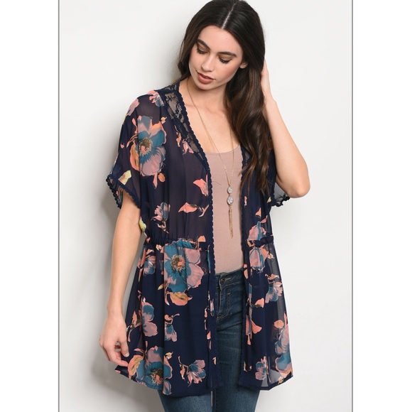 Navy Floral & Lace Kimono - Picture 2 of 3